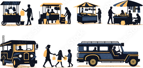 Asian street life illustration set featuring food vendors market stalls traditional public transport pedestrians food carts daily life small business illustration traditional transportation