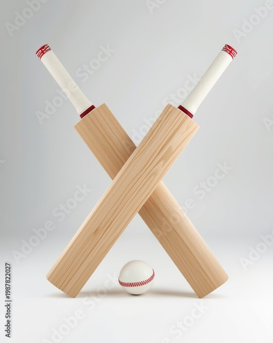 Two cricket bats and a ball on a white surface isolated on white background