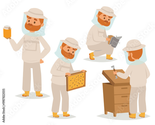 Beekeeper apiary beekeeping suit male holding honey jar inspecting hive honeycomb beekeeper equipment. Cartoon Caucasian tending bees protective clothing smiling sweet honey. Isolated white