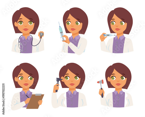 Female doctor brunette cartoon character stethoscope syringe thermometer otoscope reflex hammer clipboard isolated white background healthcare medical tools. Physician examining equipment vector