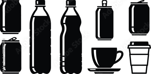 Black silhouettes of beverage containers and cups on white background drink bottle