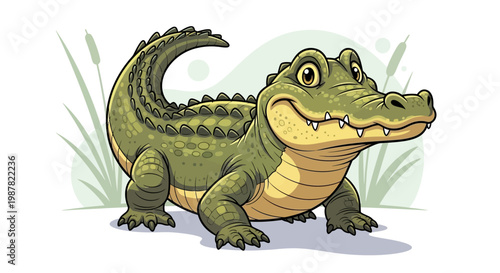 Cartoon crocodile standing on ground.