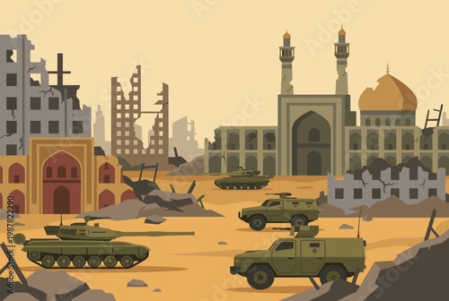 Rubble scattered battlefield tank vehicles debris landscape military zone. Armored vehicles mosque ruin wartime scenario. Middle eastern conflict tanks mosque foreground vector illustration