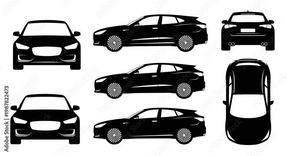 Obraz premium Set of black car silhouettes from different angles: front, side, top, rear view