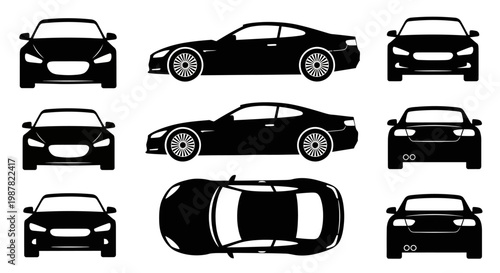 Set of black car silhouettes from different angles: front, side, top view