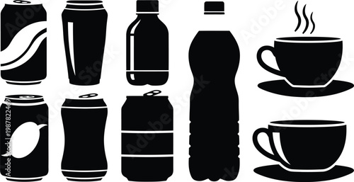 Black silhouettes of beverage containers and cups on white background drink food coffee soda