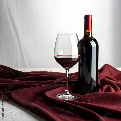 Red wine bottle and glass on maroon cloth with elegant setup and rich colors on transparent  background