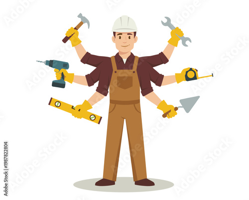 Handyman multiple tools multitasking tradesman construction gear hammer. Carpenter gloves expertise drill professional occupation tape measure. Builder wrench competence skillful worker isolated