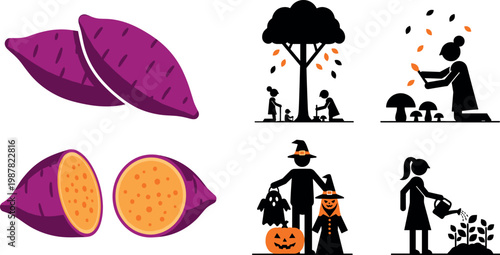 Sweet Potatoes and Seasonal Halloween-Themed Illustrations for Fall, Agriculture, and Fun Food Graphics