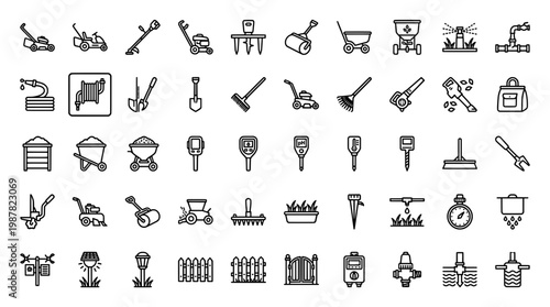 Set of gardening tools and equipment icons in simple black and white style