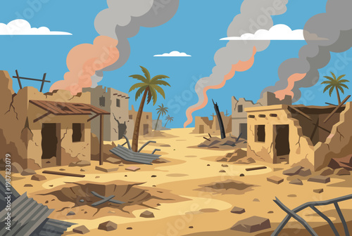 Destroyed buildings smoldering smoke rubble debris. Deserted war zone impact damage decaying structures. Dusty desolation deserted town site ruin aftermath