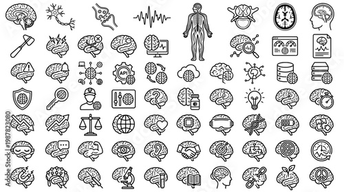 Set of human brain icons representing medicine and technology concepts