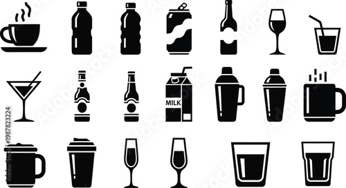 Black silhouettes of various beverage containers and glasses drink cups