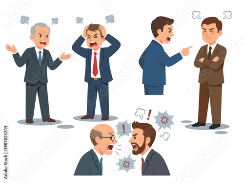 Angry businessmen arguing, stressed, emotional, cartoon style, confrontation illustration, workplace conflict. Diverse businessmen heated discussion, animated anger, suits ties frustration