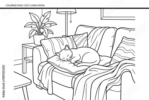 Cute Cat Sleeping on Cozy Sofa, Adult Coloring Book Page