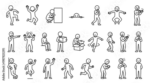 Set of stick figure illustrations depicting various human activities and poses