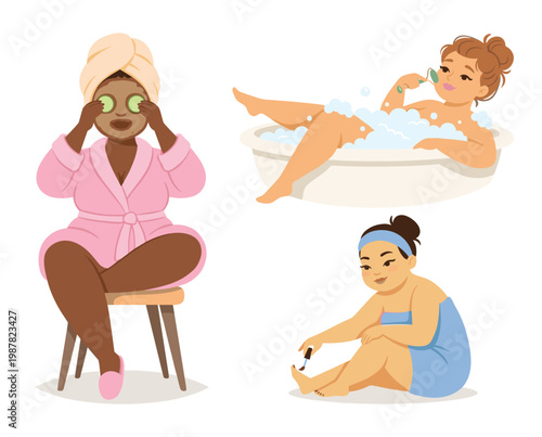 African woman pink robe relaxing cucumber eyes. Caucasian woman bubble bath beauty roller pamper. Asian blue towel painting nails selfcare