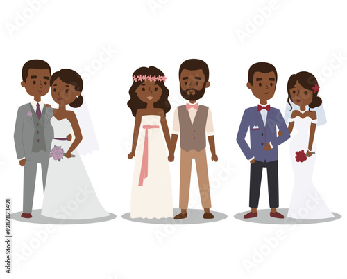 AfricanAmerican wedding couples hugging, holding hands romantic. Cartoon style bride groom love, commitment. Elegant bridal outfits, flowers, happy ceremony. Celebrating marriage diverse