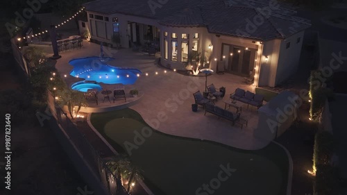 A 4k night aerial view of a desert landscaped home in Arizona featuring a travertine tiled pool deck with an outdoor fireplace and kitchen.