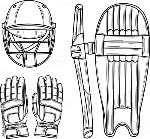 Cricket protective gear outline set helmet gloves pad illustration
