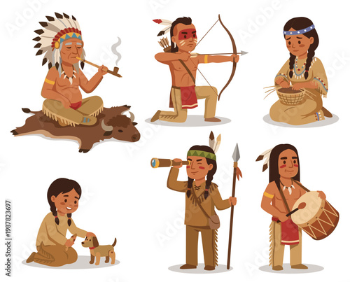 Elder indigenous Indian man traditional headdress pipe smoking animal hide. Warrior archer aiming target feathers paint hunting preparation. Woman basket weaving craft skill cultural attire beads