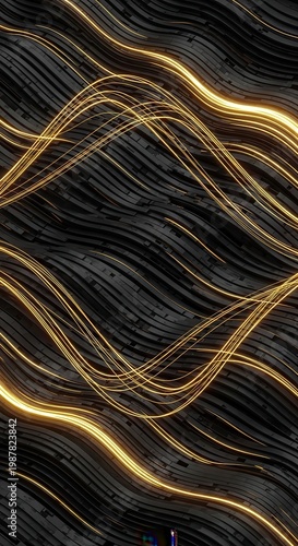 Glowing golden light streaks flow across a dark textured surface of undulating waves.