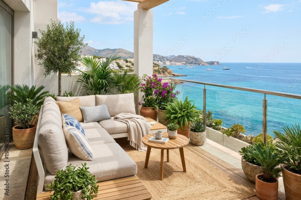 Obraz premium Coastal balcony with ocean view, modern furniture, and lush greenery in daylight