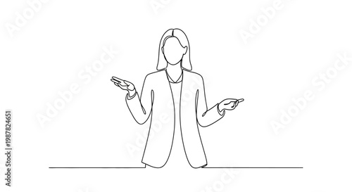 Businesswoman gesturing confusion or uncertainty, minimalist line art illustration