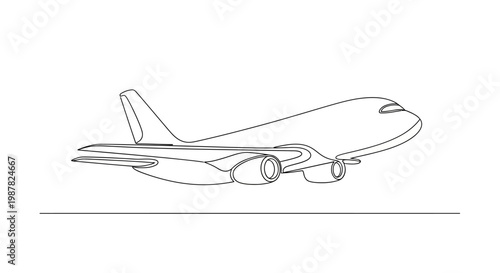 Airplane taking off, minimalist line art, aviation transport, travel concept