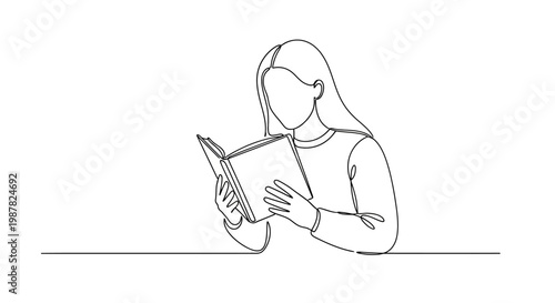 Minimalist Line Art of a Woman Reading a Book, Focused Study and Education Concept