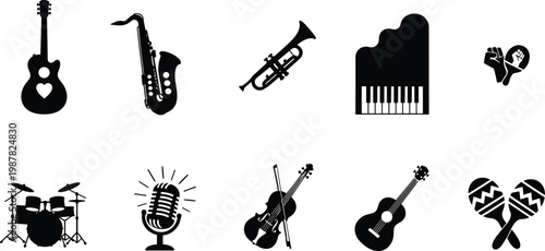 Musical instrument silhouettes, guitar saxophone trumpet piano violin drum microphone maracas castanets, music vector illustration design for entertainment