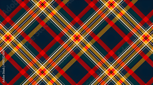 A vibrant plaid pattern with colorful stripes and geometric shapes