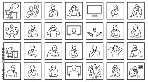 Set of line art illustrations depicting human emotions and situations