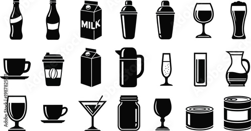 Black and white of various drink containers and glasses drink beverage symbols black and white milk carton