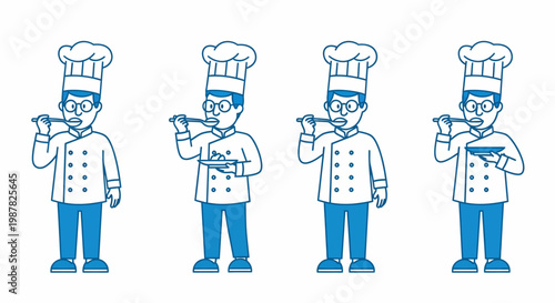 Four cartoon chefs in blue and white uniforms tasting food with spoons, illustrating culinary evaluation and cooking expertise.