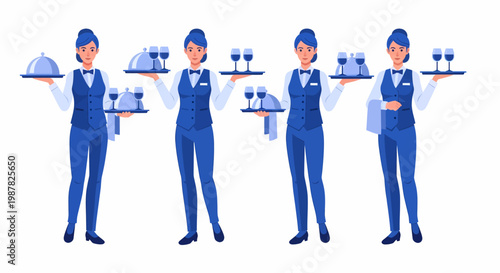 Four professional female waitresses in blue uniforms holding trays with food and wine glasses, ready to serve at an event or restaurant.