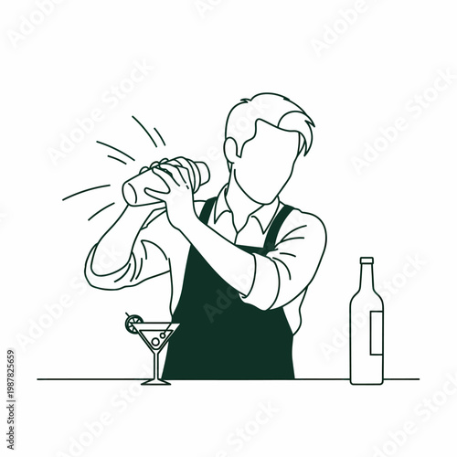 Minimalist line art illustration of a bartender shaking a cocktail shaker behind a bar with a martini glass and a bottle of liquor.