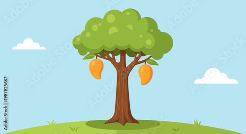 Cartoon Mango Tree with Ripe Fruits, Blue Sky, Clouds, and Green Landscape