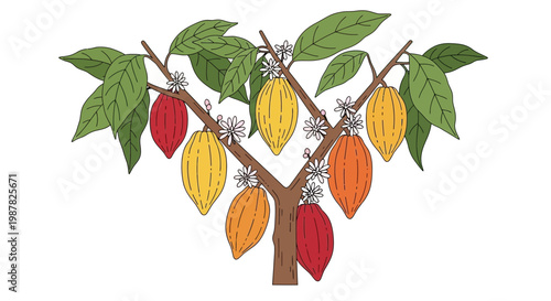 Cocoa Pods Growing on Tree Branches with Flowers