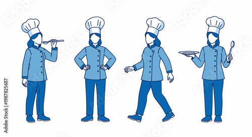 Four female chefs in blue uniforms and white hats performing various kitchen tasks, illustrated in a simple, clean style.