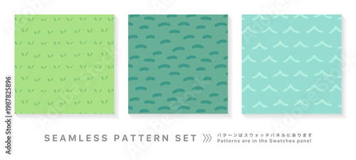 グリーンとミントの手描きシームレスパターン3種セット　やわらかい草色トーンの小柄モチーフベクター背景