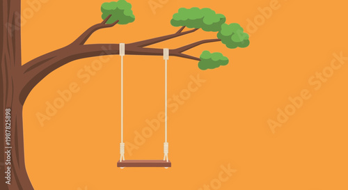 Empty wooden swing hanging from a tree branch, childhood nostalgia, outdoor recreation