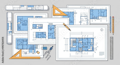Architectural blueprints and drafting tools on a table.