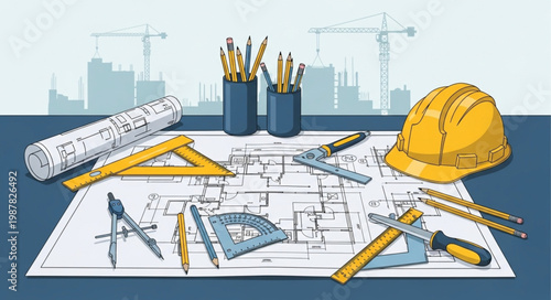 Architectural blueprints and drafting tools on a table with construction cranes in background.