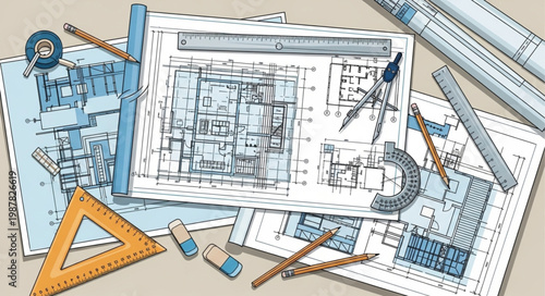 Architectural Blueprints and Drafting Tools Scattered on a Table.