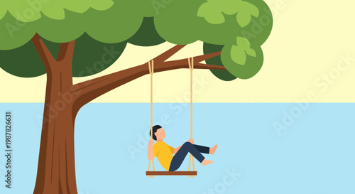 Man relaxing on a tree swing, enjoying nature and leisure time