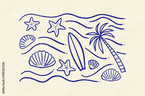 Hand-drawn summer beach scene with palm tree surfboard seashells white background surfboard seashell starfish illustration vacation tropical creative iconography background