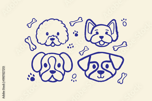Doodle illustration of various dog breeds faces with bones and paw prints on a light background domestic animals pet shop animal care puppy love friendly pet dog lover pet owner