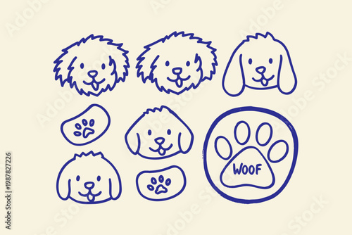 Collection of cute doodle dog faces and paw prints with 'woof' text on a light background domestic animals pet shop animal care puppy love friendly pet dog lover pet owner character