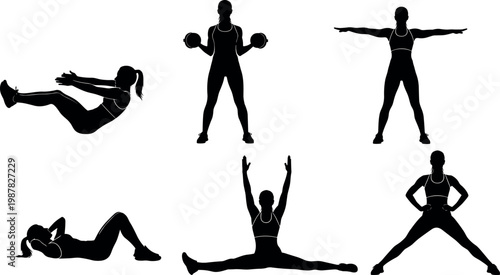 Set of six female fitness workout vector silhouettes showing women exercising with dumbbells stretching and doing crunches for gym designs.